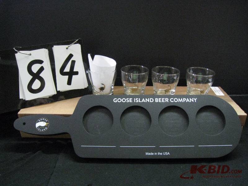lot 84 image: Goose Island beer flight paddles with chalkboard surface, with 5 oz logo glasses