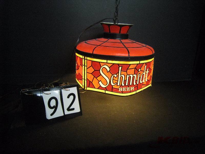 lot 92 image: Schmidt Beer Tiffany style plastic stained glass lamp shade - nice condition 17 diam x 12 h