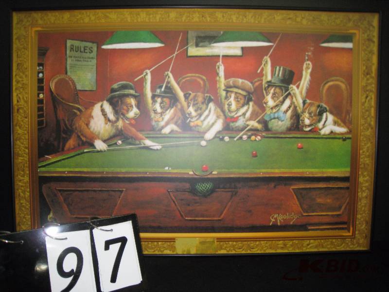 lot 97 image: Dogs Playing Pool - framed print of a classic 36 w x 24 h