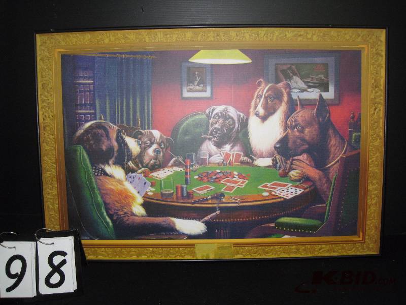 lot 98 image: Dogs Playing Poker - framed print, aluminum frame 36 w x 24 h