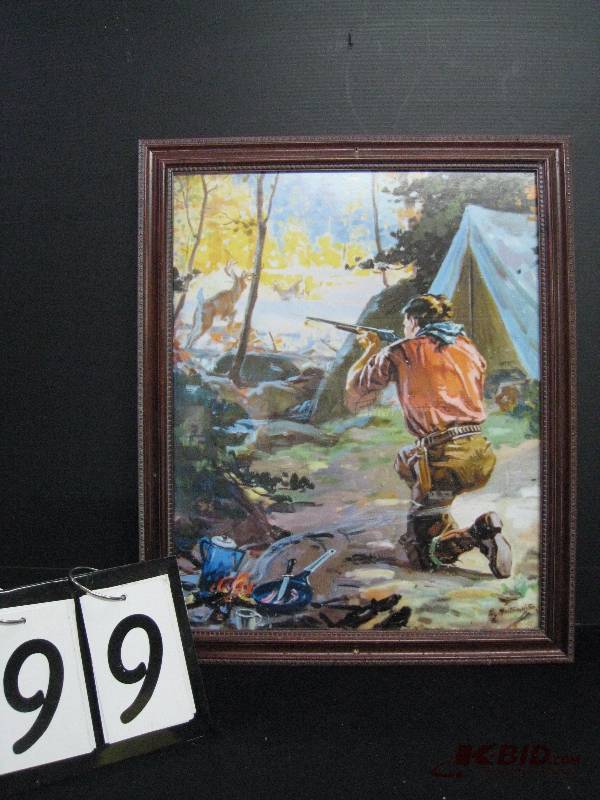 lot 99 image: Man  hunter with deer, framed print 18 w x 22 h