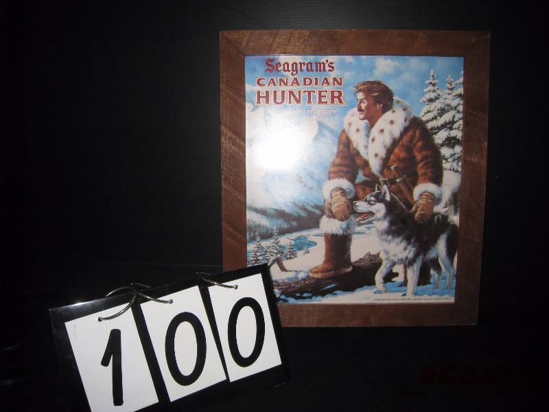lot 100 image: Seagrams Canadian hunter, framed print 17 w x 19 h