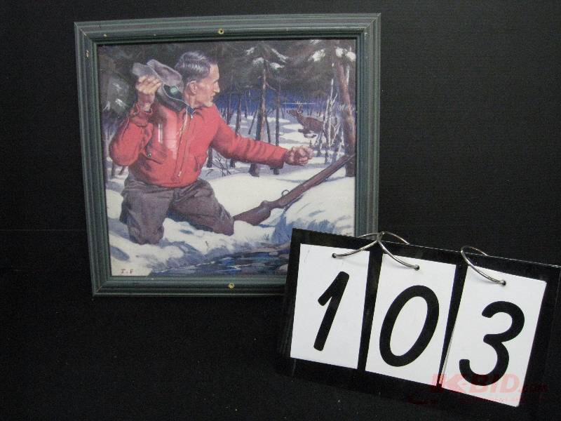 lot 103 image: Man with running deer, framed print 16 w x 15 h