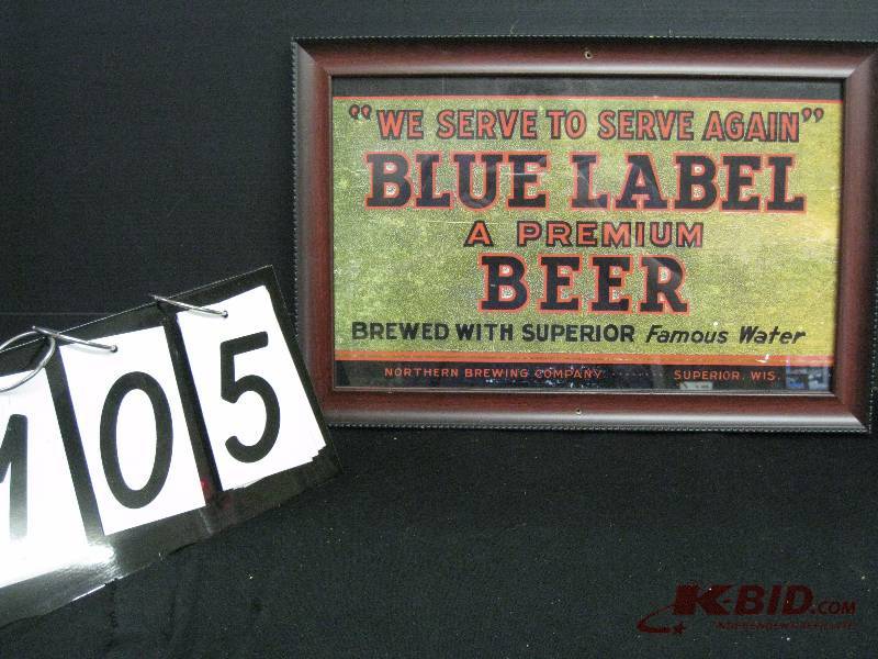 lot 105 image: Blue Label Beer framed sign 18 w x 12 h