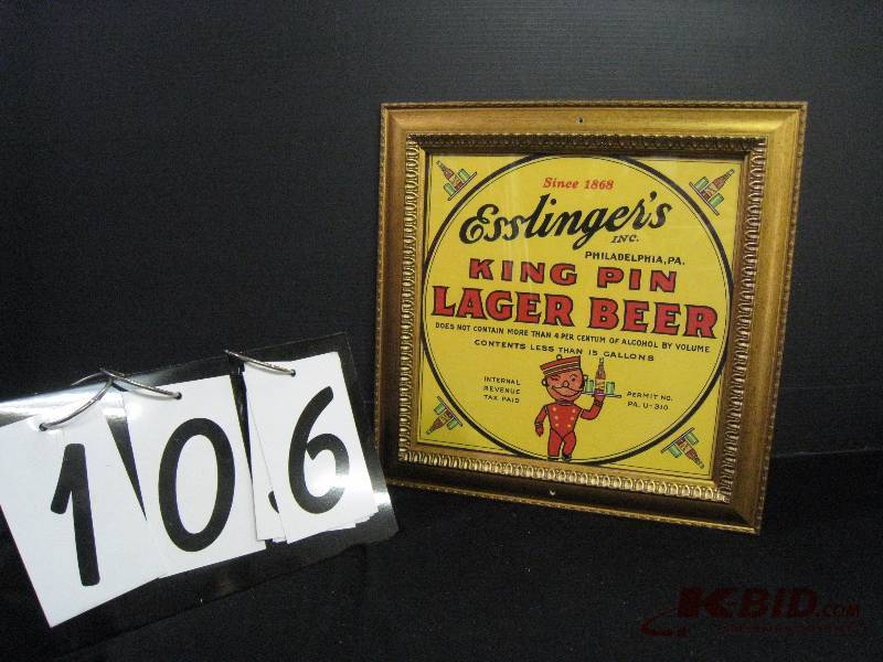 lot 106 image: Esslingers Kingpin Lager framed sign 13 w x 13 h