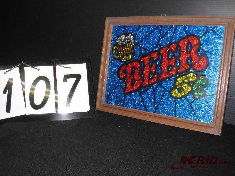 lot 107 image: Beer 5c faux stained glass glitter art 14 w x 11 h