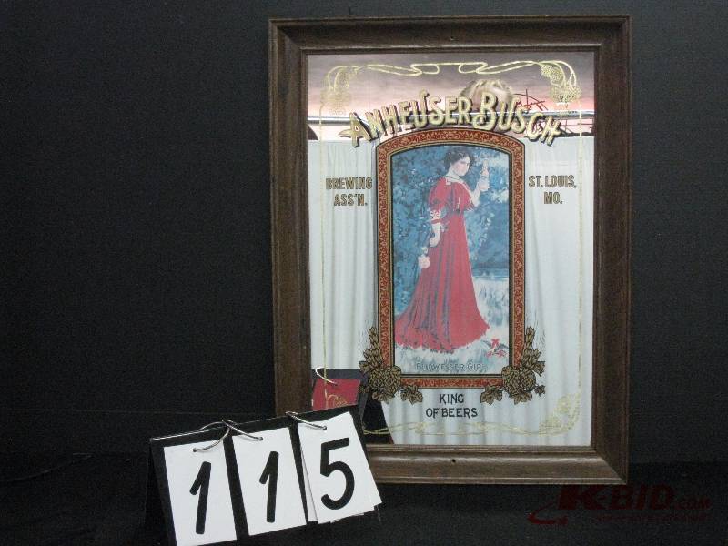 lot 115 image: Anheuser Busch Budweiser girl mirror (white curtain in background reflection of mirror not part of graphics) 19 w x 25 h