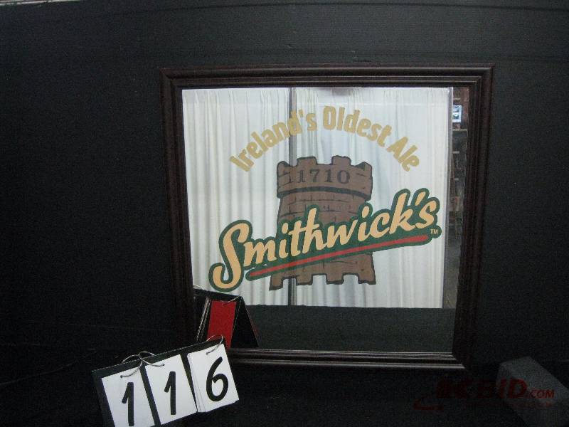 lot 116 image: Smithwicks Irelands Oldest Ale mirror (white curtain in background reflection of mirror not part of graphics) 28 w x 28 h