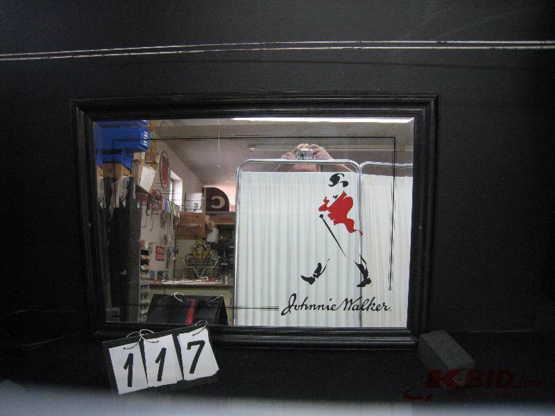 lot 117 image: Johnny Walker mirror, large. Nice (white curtain in background reflection of mirror not part of graphics) 29 w x 41 h