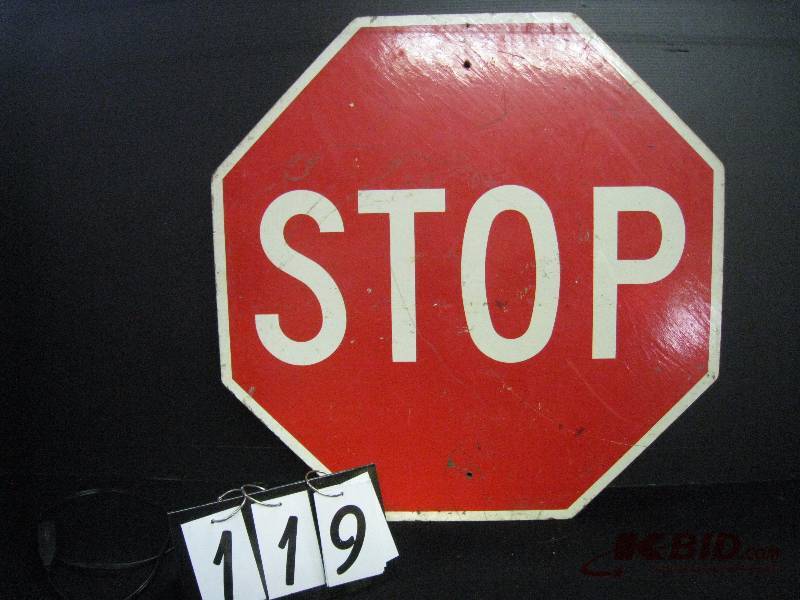 lot 119 image: Stop sign - very cool, older wood sign 30 w x 30 h