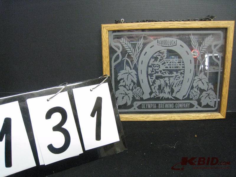 lot 131 image: Olympia Brewing framed, etched glass panel 13 w x 10 h