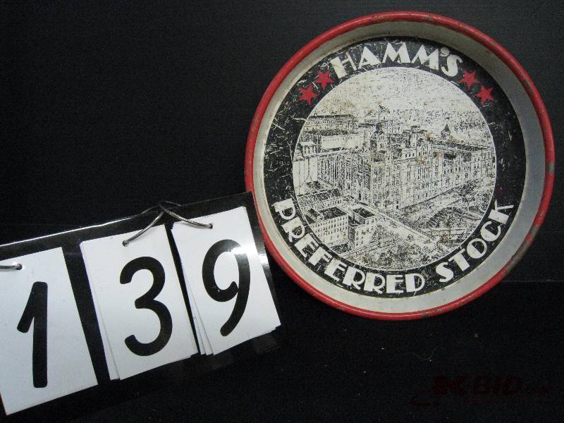 lot 139 image: Hamms Preferred Stock old serving tray - pictures show both sides of tray 13 diam.