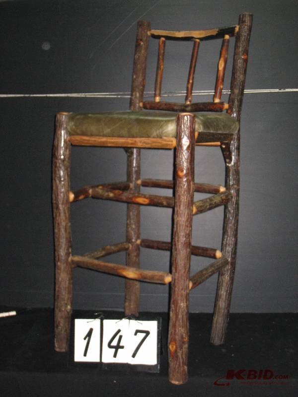 lot 147 image: Hickory Branch bar stools, qty 4 - nicely made, real leather cushions, came out of Lindys restaurant.  19 x 18 seat, 43 back h, 30 to seat