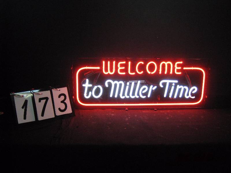 lot 173 image: Welcome to Miller Time - nicely restored neon sign 29 w x 11 h