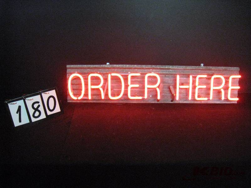 lot 180 image: Order Here neon on corrugated sheet metal 43 w x 9 h
