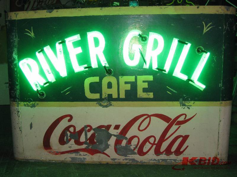 lot 189 image: Coca Cola River Grill Caf, great vintage painted tin double-sided neon sign 54 w x 36 h x 12 d