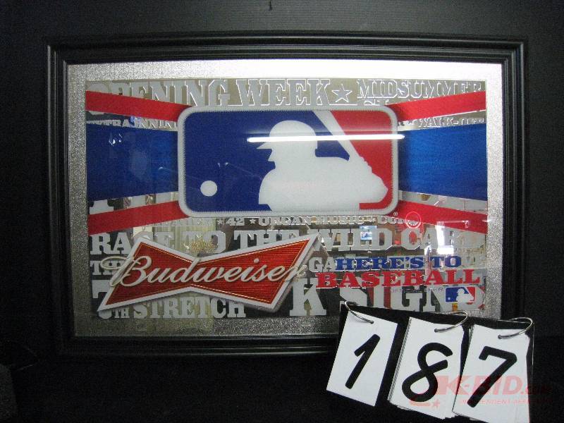 lot 187 image: Budweiser MLB mirror (white curtain in background reflection of mirror not part of graphics) 36 w x 24 h