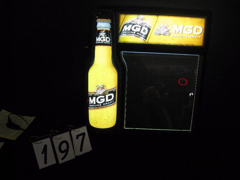 lot 197 image: Miller Genuine Draft light up menu board with bottle - new in box,  yellow neon crayon included 26 w x 28 h