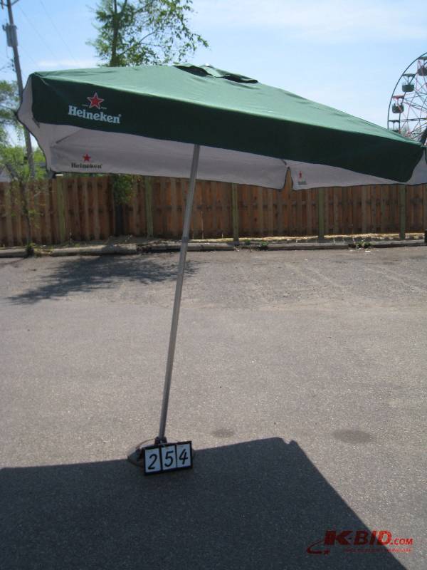 lot 254 image: Heinken Patio Umbrella - Base NOT included.  Heavy Duty fabric, Brand New in Box - Metal Frame, adjustable height. 68 x 68