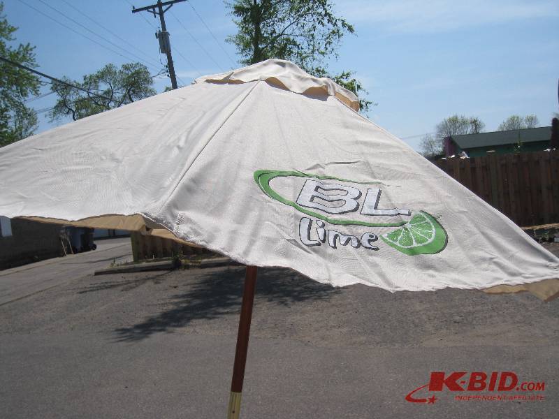 lot 255 image: Bud Lime fabric patio umbrella. octagonal - New In Box. Wood frame, fixed height 75 diam.