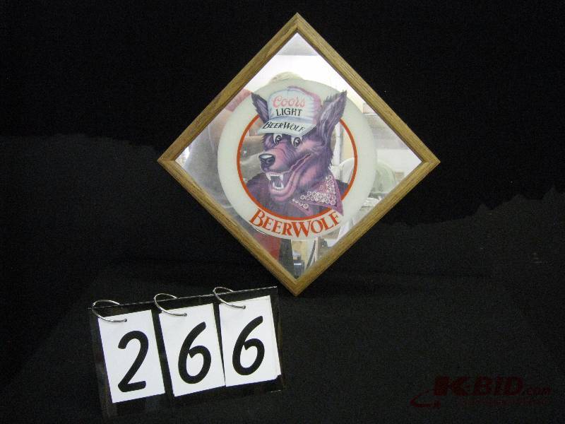 lot 266 image: Coors Light Beer Wolf mirror, (white curtain in background reflection of mirror not part of graphics) 22 point to point