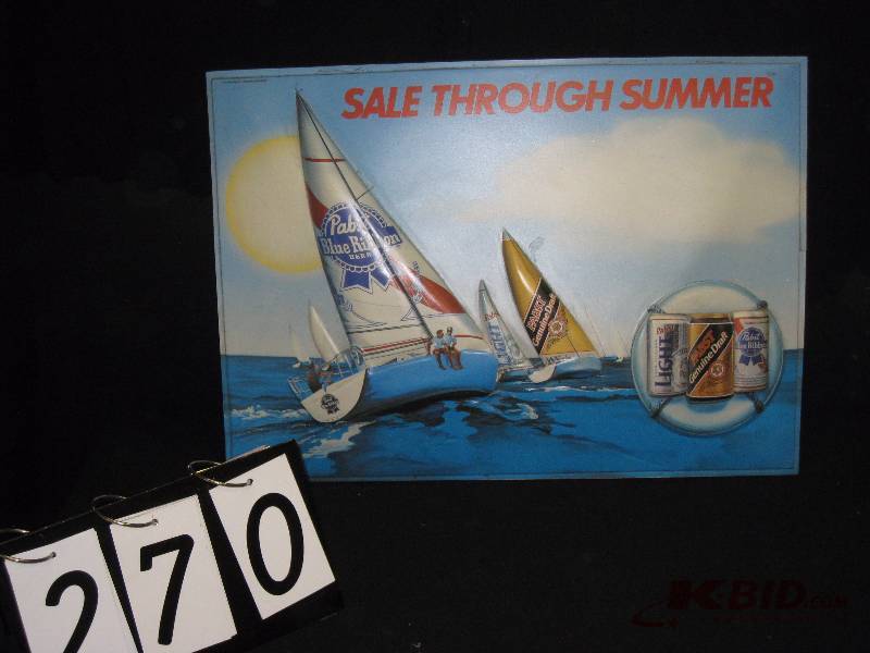 lot 270 image: Pabst Blue Ribbon, sailboats vacuform 3-D plastic, easel back - unusal and Very Cool 24 w x 17 h