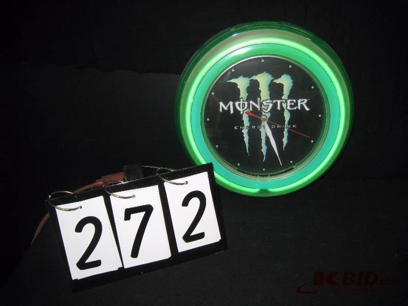 lot 272 image: Monster Energy Drink clock with neon 14 diam.