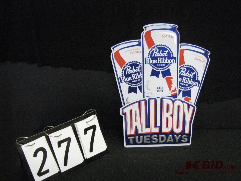 lot 277 image: Pabst Blue Ribbon, PBR Tall Boy Tuesday tin tacker 13 w x 17 h