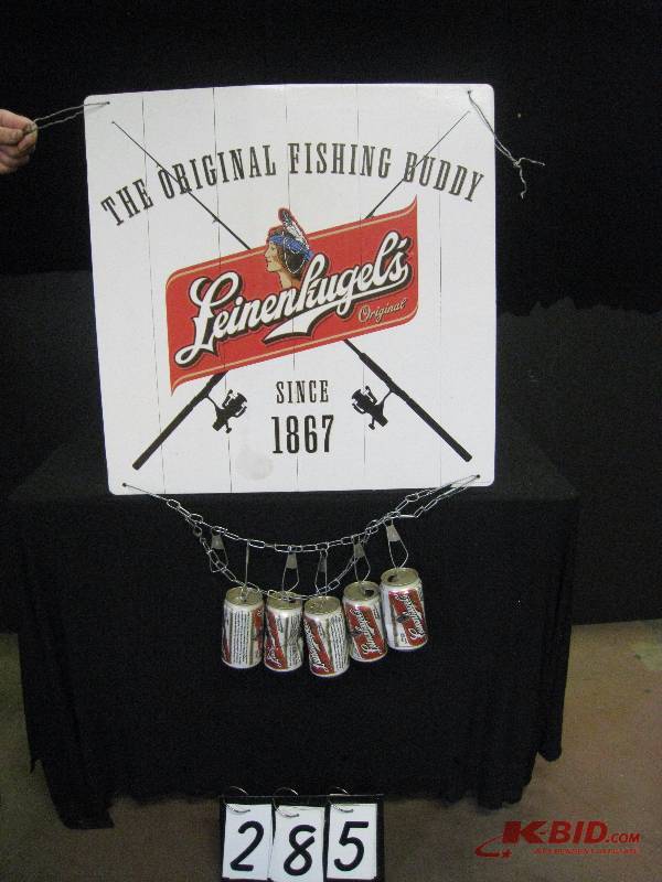 lot 285 image: Leinenkugels original fishing buddy with stringer of cans 24 w x 24 h w cans