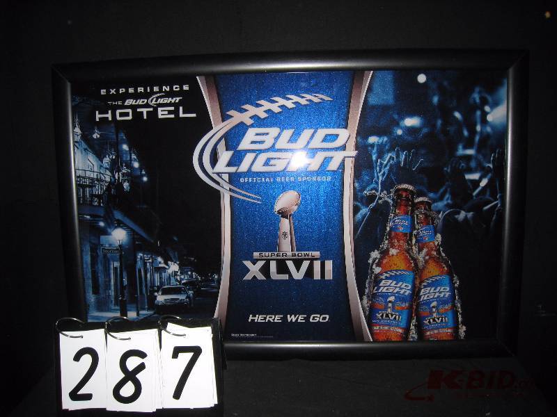 lot 287 image: Bud Light Super Bowl XLVII (47) mirror, (white curtain in background reflection of mirror not part of graphics) 35 w x 23 h