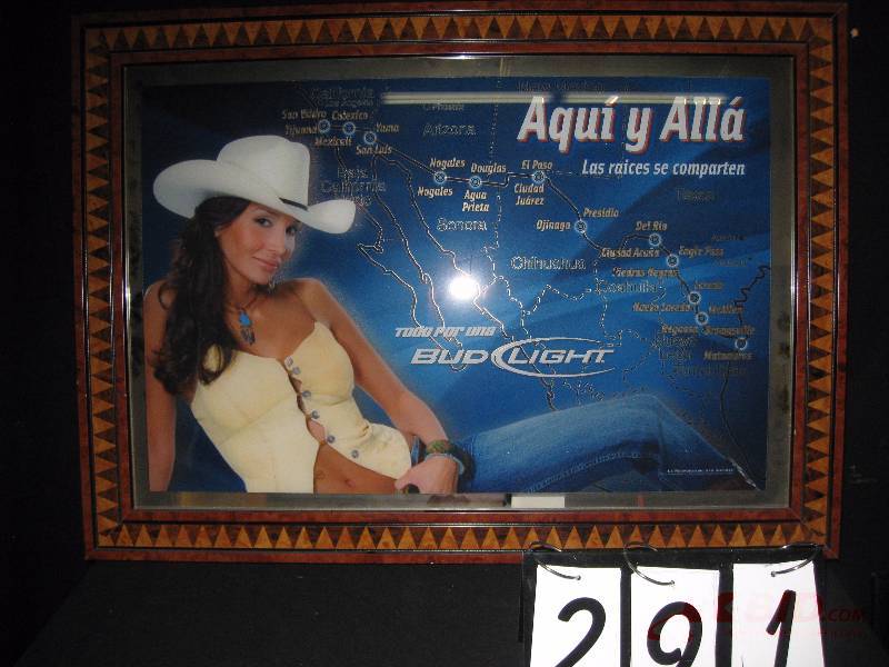 lot 291 image: Bud Light Seorita mirror w map of Mexico (white curtain in background reflection of mirror not part of graphics) 37 w x 27 h