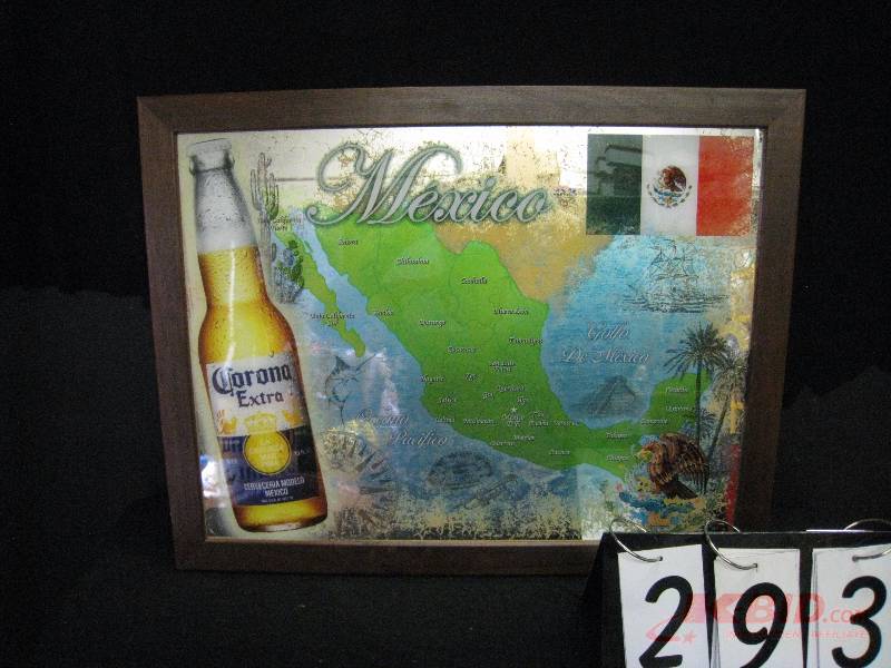 lot 293 image: Corona map of Mexico mirror, (white curtain in background reflection of mirror not part of graphics) 27 w x 21 h
