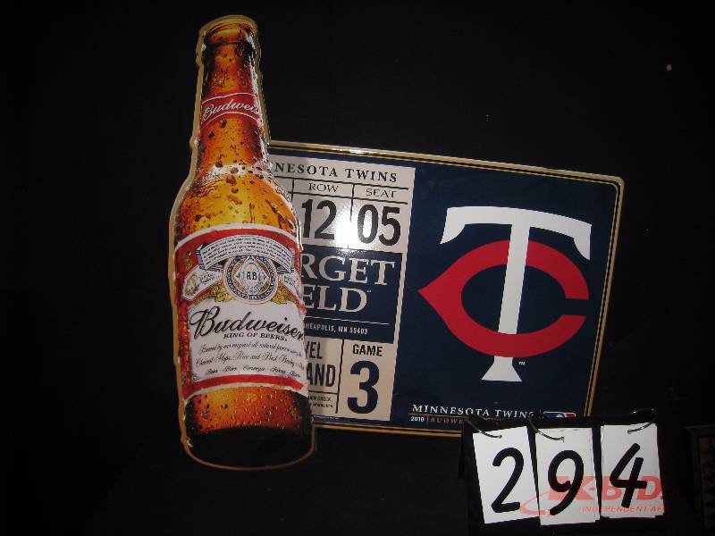 lot 294 image: Budweiser Twin Cities - MN Twins game ticket - Target Field tin tacker 30 w x 30 h