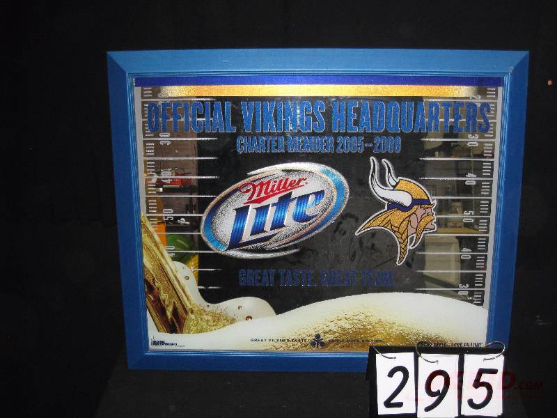 lot 295 image: Miller Lite Vikings Great Team mirror, (white curtain in background reflection of mirror not part of graphics) 34 w x 28 h