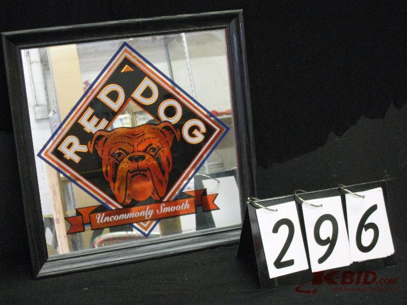 lot 296 image: Red Dog mirror, (white curtain in background reflection of mirror not part of graphics) 19 w x 19 h