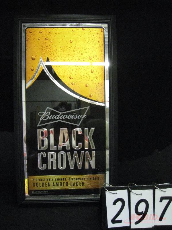 lot 297 image: Budweiser Black Crown mirror - small crack on upper right corner.  16 w x 30 h