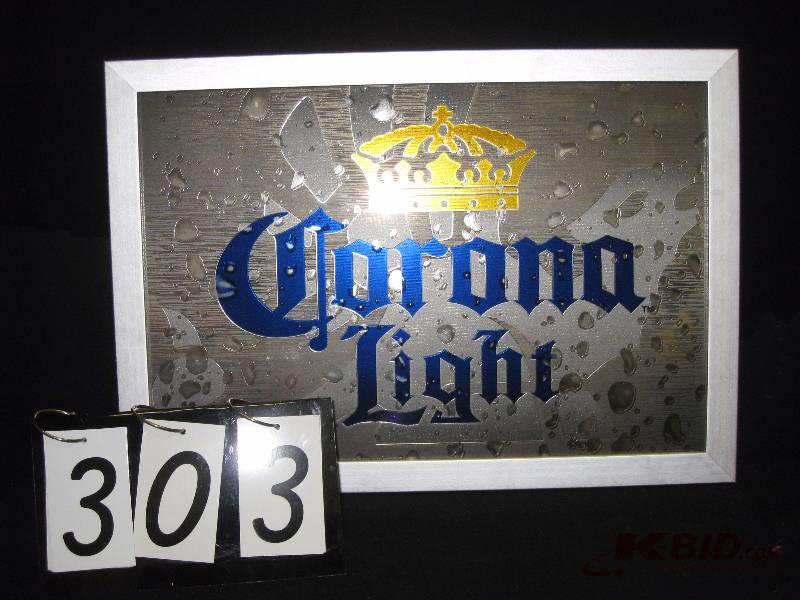 lot 303 image: Corona Light mirror, (white curtain in background reflection of mirror not part of graphics) 27 w x 19 h