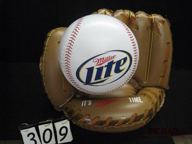 lot 309 image: Miller Lite inflatable baseball glove with ball 36 w x 26 h x 21 d