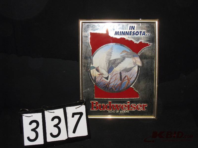 lot 337 image: Budweiser Minnesota with ducks mirror. (white curtain in background reflection of mirror not part of graphics) 14 w x 18 h