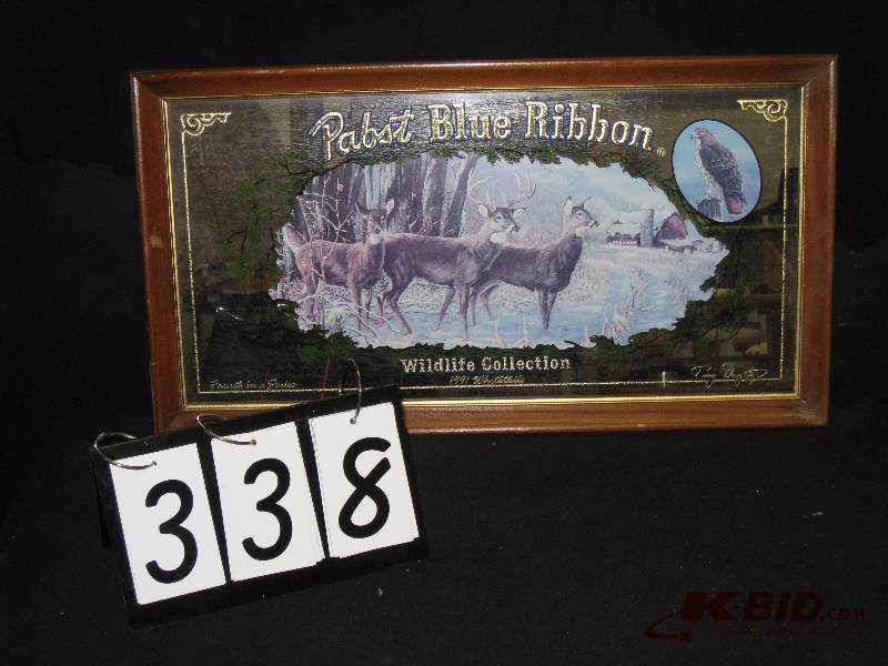 lot 338 image: Pabst Blue Ribbon wildlife collection - 1991 white-tailed deer, limited edition. (white curtain in background reflection of mirror not part of graphics) 15 w x 28 h