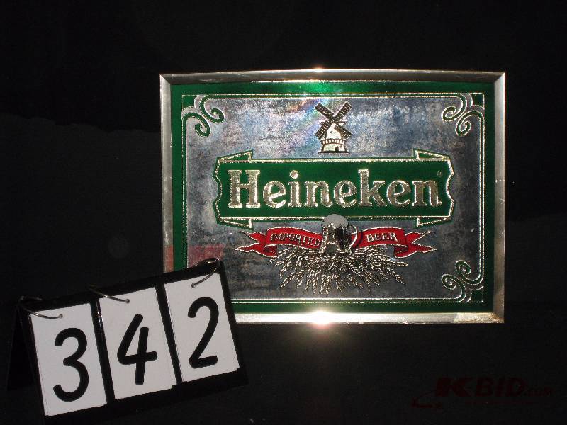 lot 342 image: Heineken mirror. (white curtain in background reflection of mirror not part of graphics) 19 w x 19 h