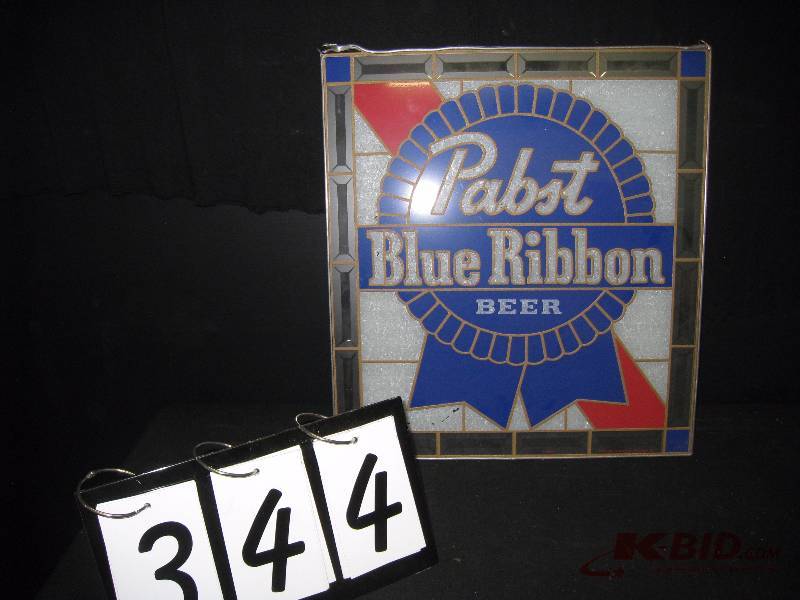 lot 344 image: Pabst Blue Ribbon faux stained glass panel, damage to upper left corner 16 w x 18 h