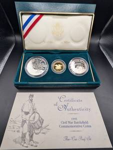 $5 Dollar Gold And Silver Dollar 1995 Civil War Battlefield Commemorative Coins Proof Set With Box & Coa