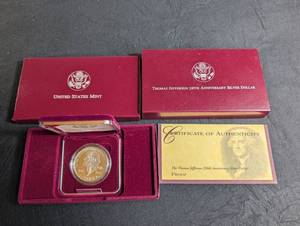 1993 Thomas Jefferson 250th Anniversary Proof Silver Dollar With Box & Coa