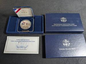 Smithsonian Institution 150th Anniversary Proof Silver Dollar Coin With Box & Coa