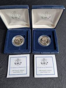 1999 Susan B. Anthony Proof Dollar Coins in Cases With Coa (Lot of 2)
