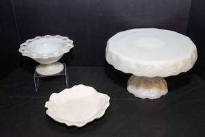 3 Pieces of Vintage Milk Glass  Cake Plate, Candy Dish & Small Dish