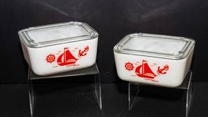 Vintage McKee Red Sailboat Refrigerator Dishes  Set of 2 (Milk Glass with Clear Lids)