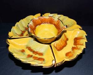 Vintage California Pottery Leaf-Shaped Lazy Susan Serving Set