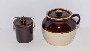 Vintage Stoneware Bean Pot & Small Crock with Lid  2 Piece Set